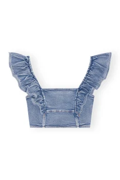 Best GANNI Stretch-Denim-Ruschenoberteil Light Blue Vintage