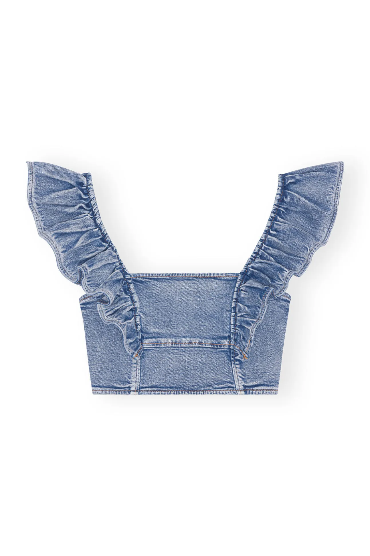 Best GANNI Stretch-Denim-Ruschenoberteil Light Blue Vintage