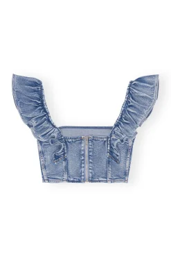 Best GANNI Stretch-Denim-Ruschenoberteil Light Blue Vintage