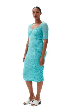 Sale GANNI Stretch-Lace-Midikleid Mit Ruschen Blue Curacao