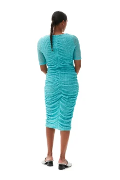 Sale GANNI Stretch-Lace-Midikleid Mit Ruschen Blue Curacao