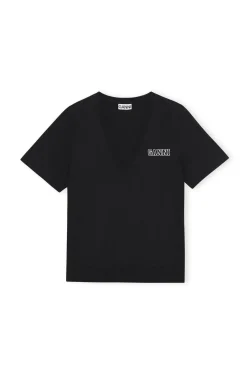 Cheap GANNI Thin Software Jersey V-Neck T-Shirt Black