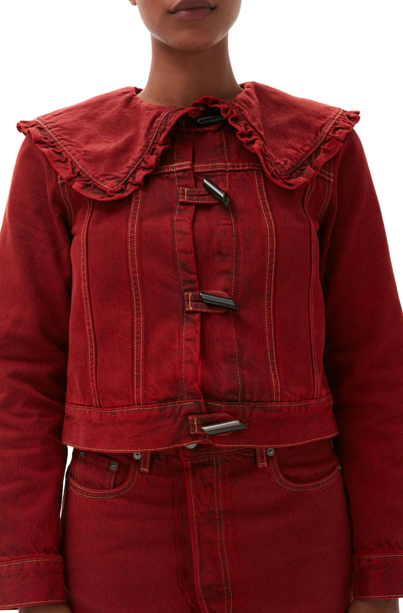 Cheap GANNI Uberfarbte Denimjacke Mit Ruschenkragen Racing Red