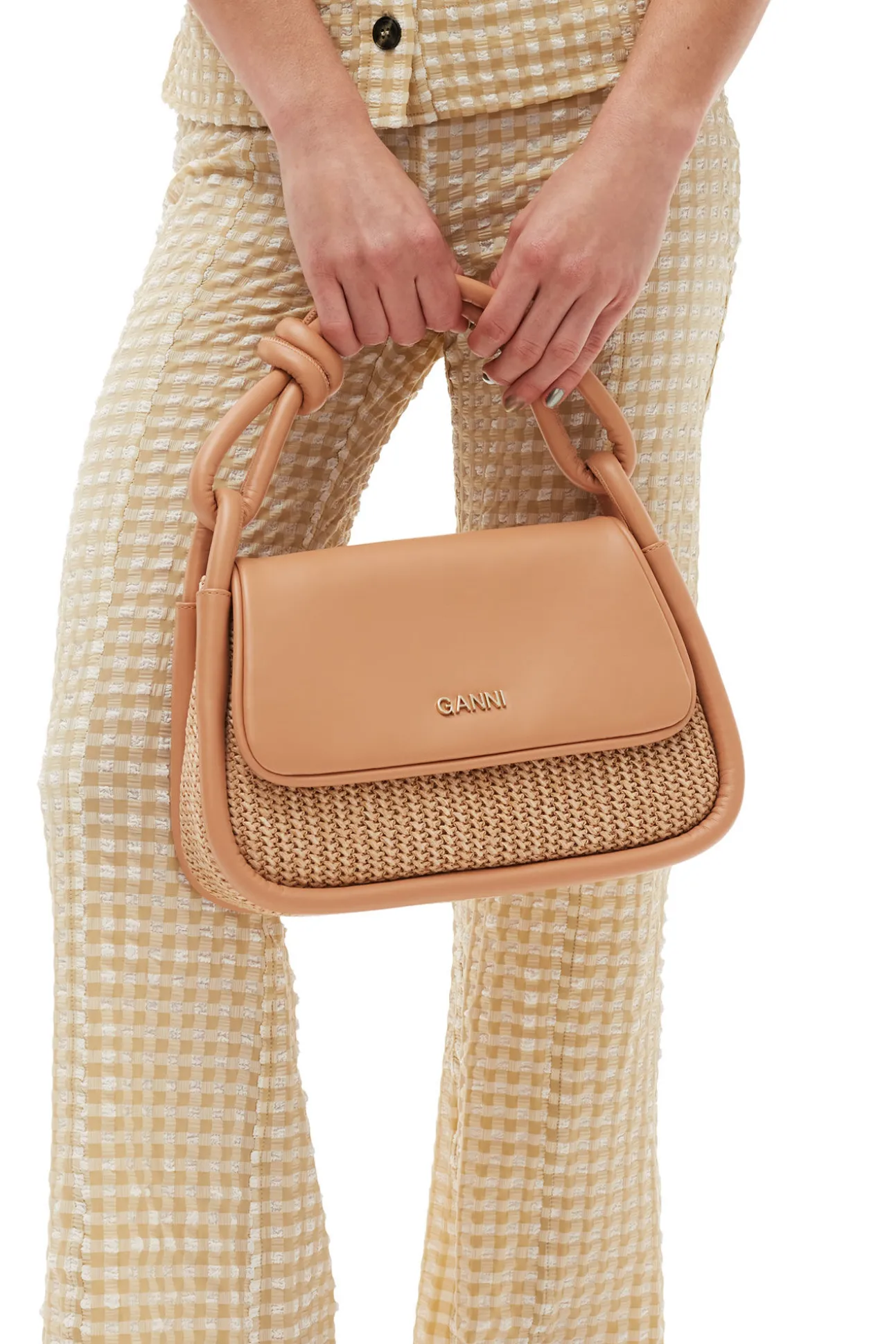 Best Sale GANNI Umklappbare Raffia-Knotentasche Tan