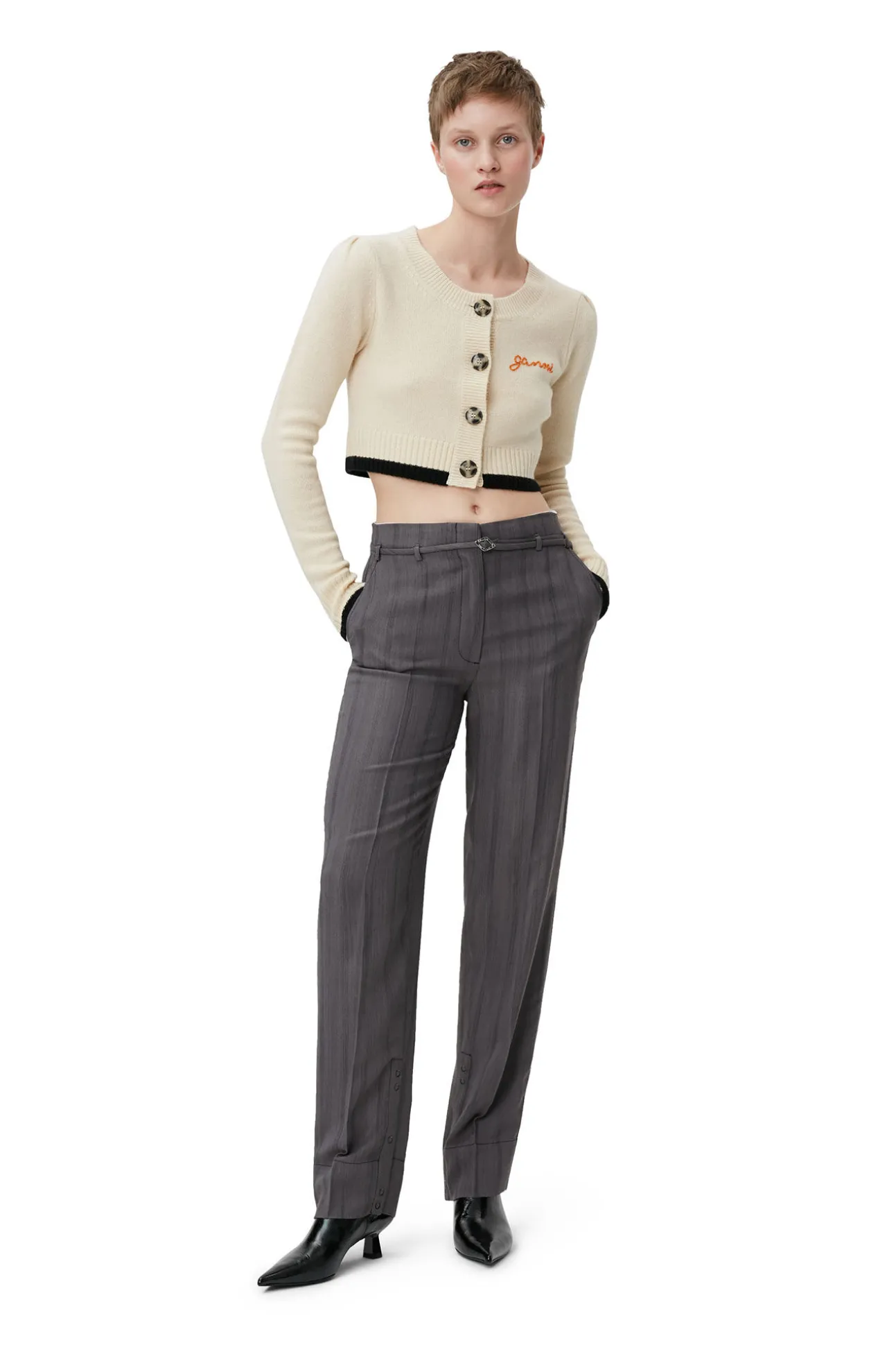 Store GANNI Verkurzte Strickjacke Mit O-Ausschnitt Alabaster Gleam