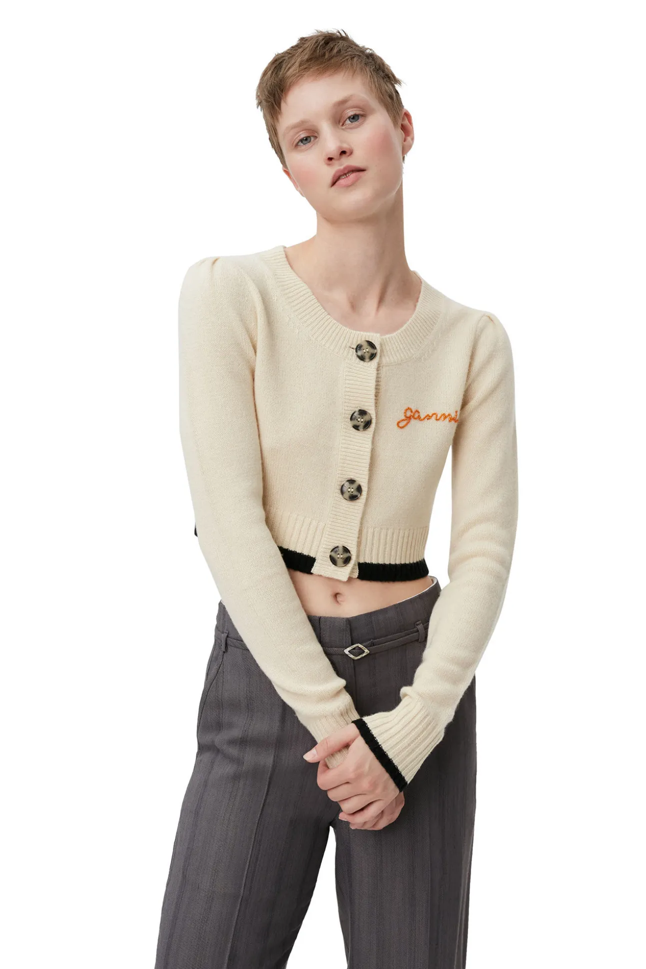 Store GANNI Verkurzte Strickjacke Mit O-Ausschnitt Alabaster Gleam