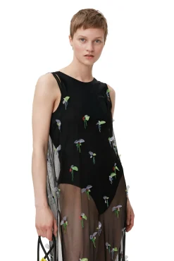 Online GANNI Verziertes Mesh-Slip-Kleid Black