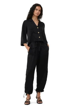Shop GANNI Washed-Satin-Crop-Shirt Black