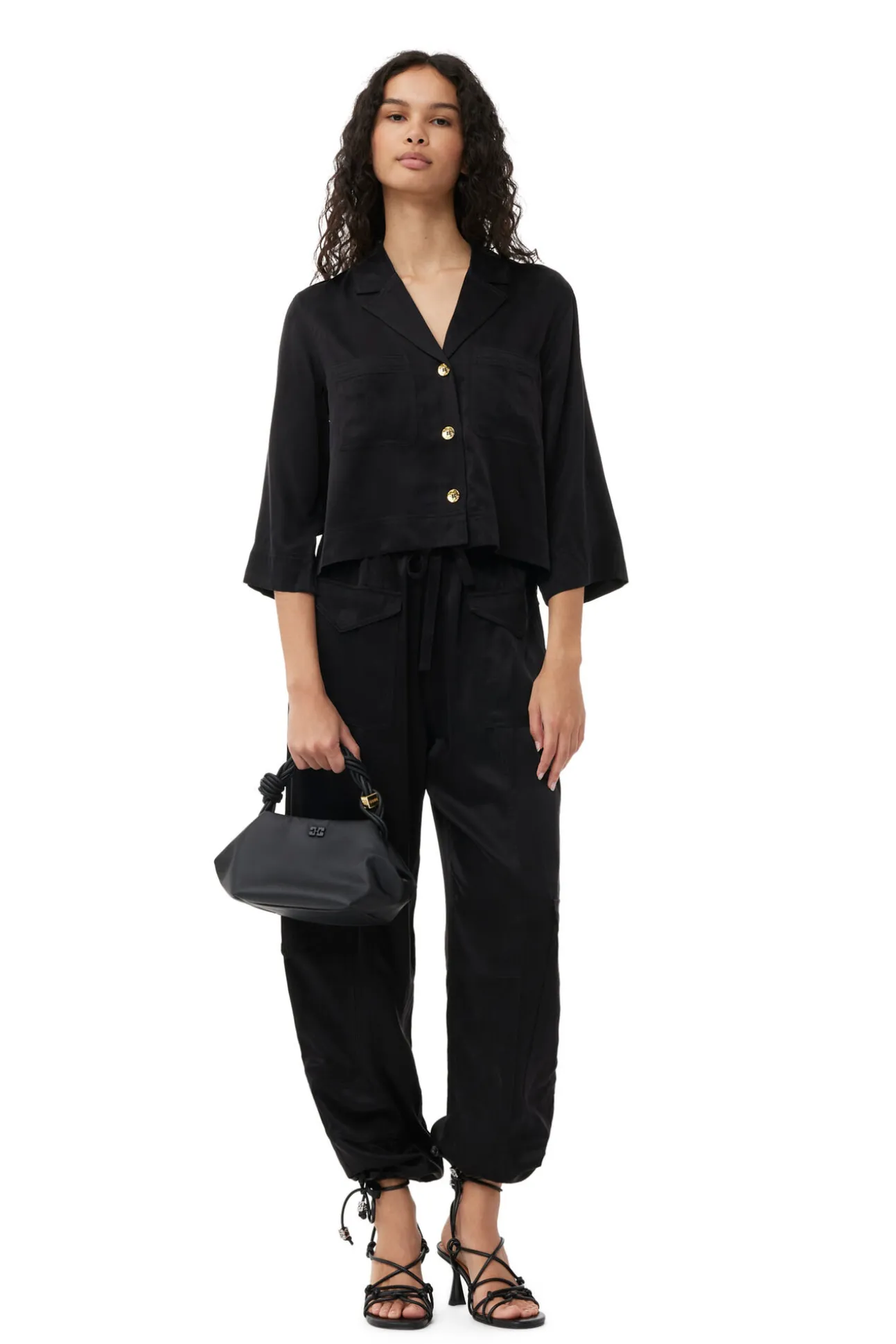 Shop GANNI Washed-Satin-Crop-Shirt Black