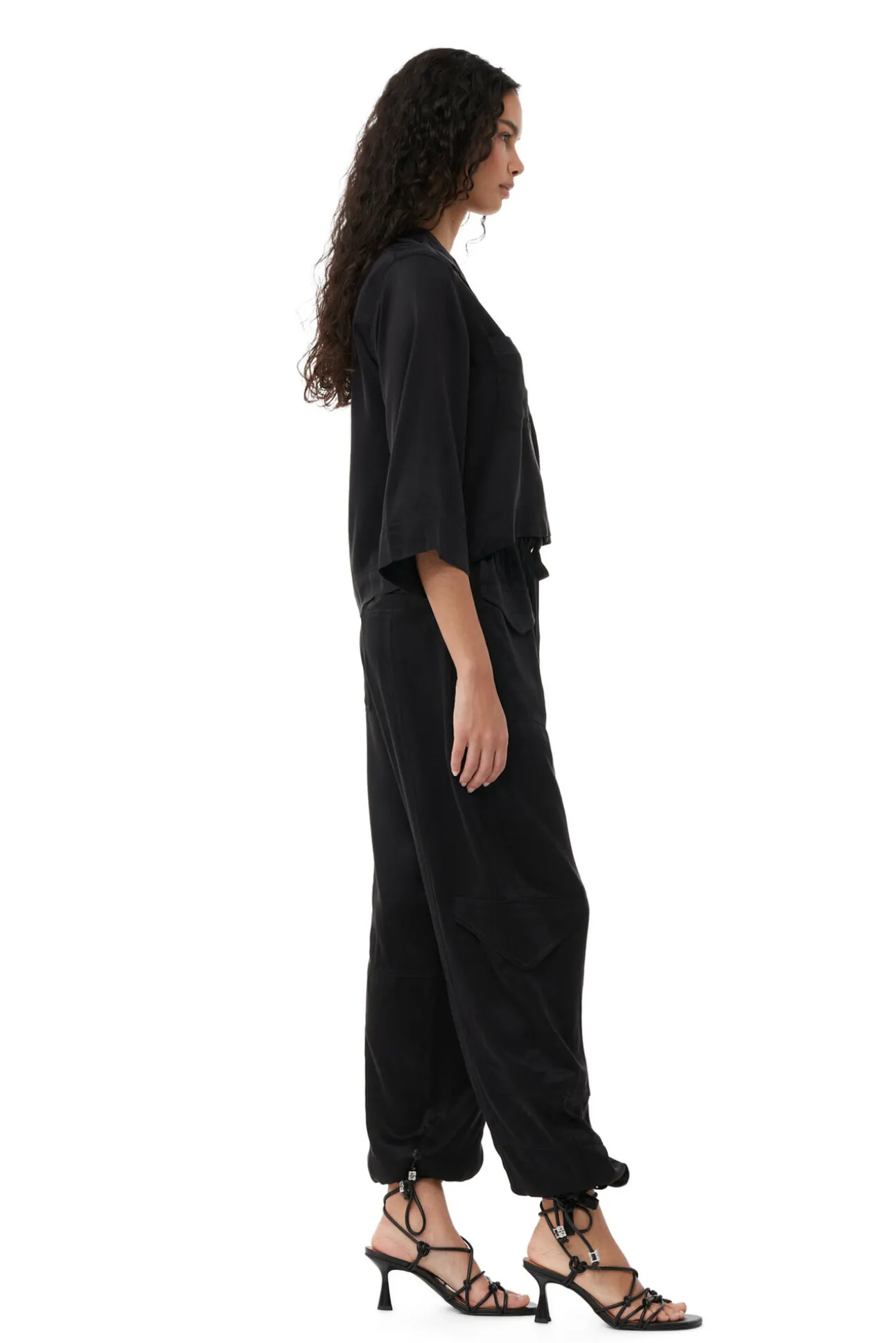Shop GANNI Washed-Satin-Crop-Shirt Black