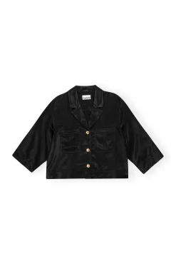 Shop GANNI Washed-Satin-Crop-Shirt Black