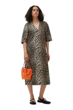 Fashion GANNI Weites Leoparden-Midikleid Big Leopard Almond Milk